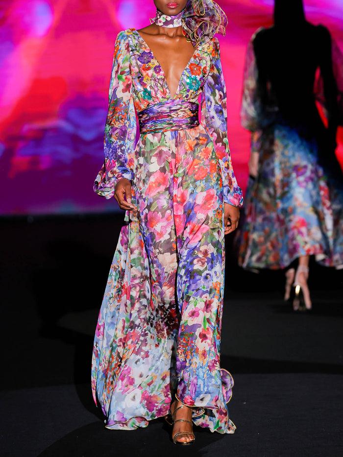 Hannibal laguna LOOK 40 Vestido KASIDI | Vestido largo de fiesta en gasa estampada y escote en V