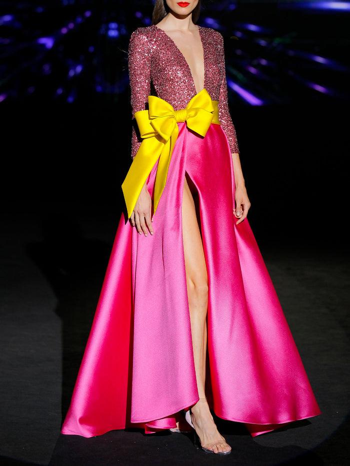 Hannibal Laguna LOOK 42 IVELAND | Vestido De Fiesta Largo En Mikado Pique Color Fresa