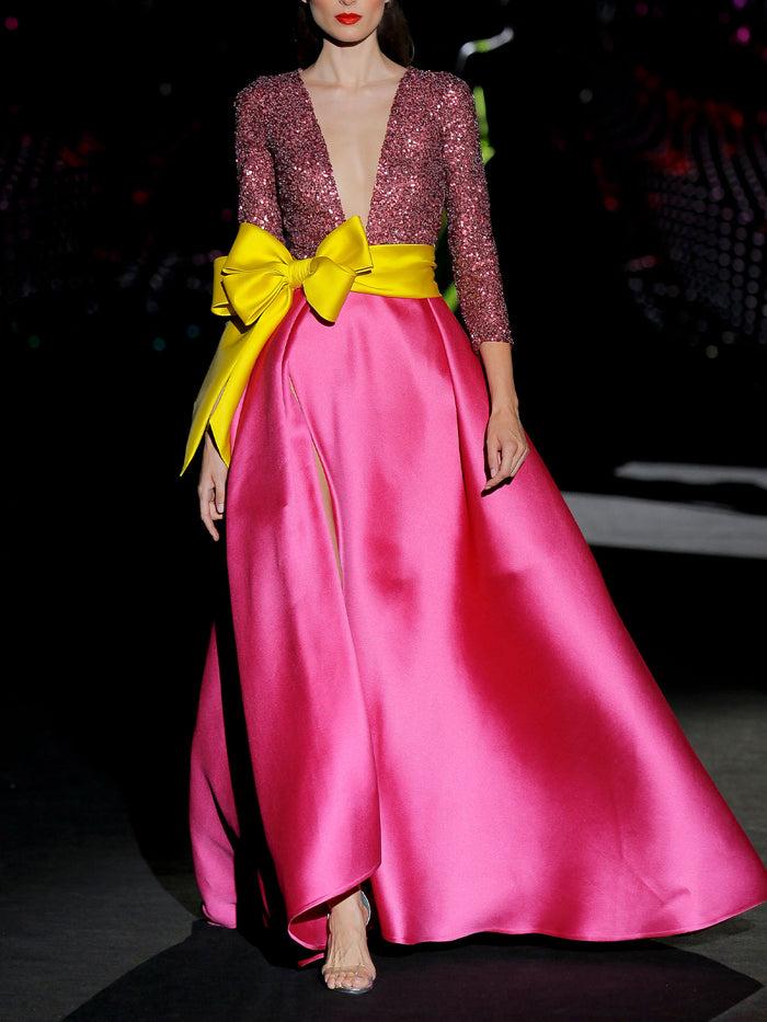 Hannibal laguna LOOK 42 IVELAND | Vestido de fiesta largo en mikado pique color fresa