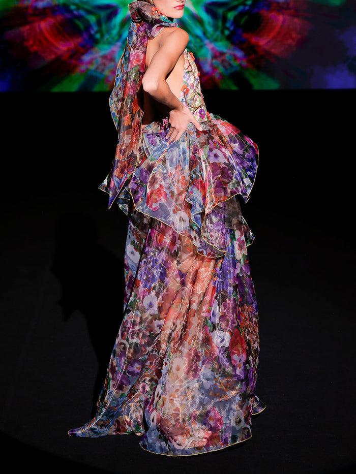 Hannibal Laguna LOOK 42 Vestido KOROLAND | Vestido Largo En Organza Estampada Con Escote Halter En V