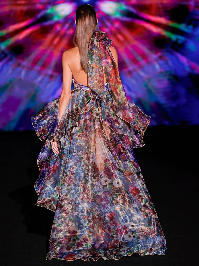 Hannibal Laguna LOOK 42 Vestido KOROLAND | Vestido Largo En Organza Estampada Con Escote Halter En V