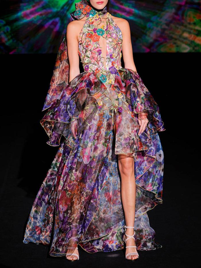 Hannibal laguna LOOK 42 Vestido KOROLAND | Vestido largo en organza estampada con escote halter en V