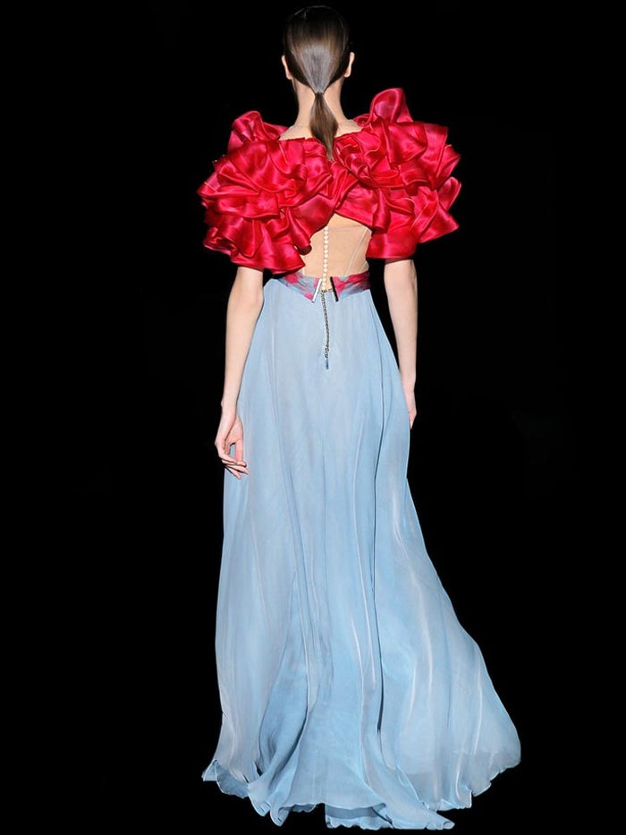 Hannibal Laguna Look 43 DALU Y DANKO | Bolero Joya Con Volantes Organza Seda Cereza. Bustier Joya Tul Y Pantalon Capri Pitillo