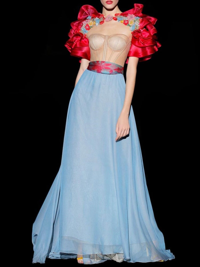 Hannibal laguna Look 43 DALU y DANKO | Bolero joya con volantes organza seda cereza. Bustier joya tul y pantalon capri pitillo