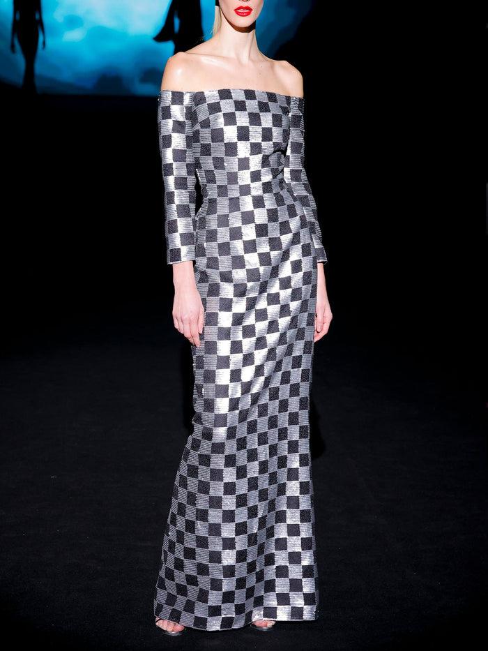 Hannibal Laguna LOOK 5 Vestido JAKAR | Vestido De Fiesta Realizado En Damero Plata Y Negro