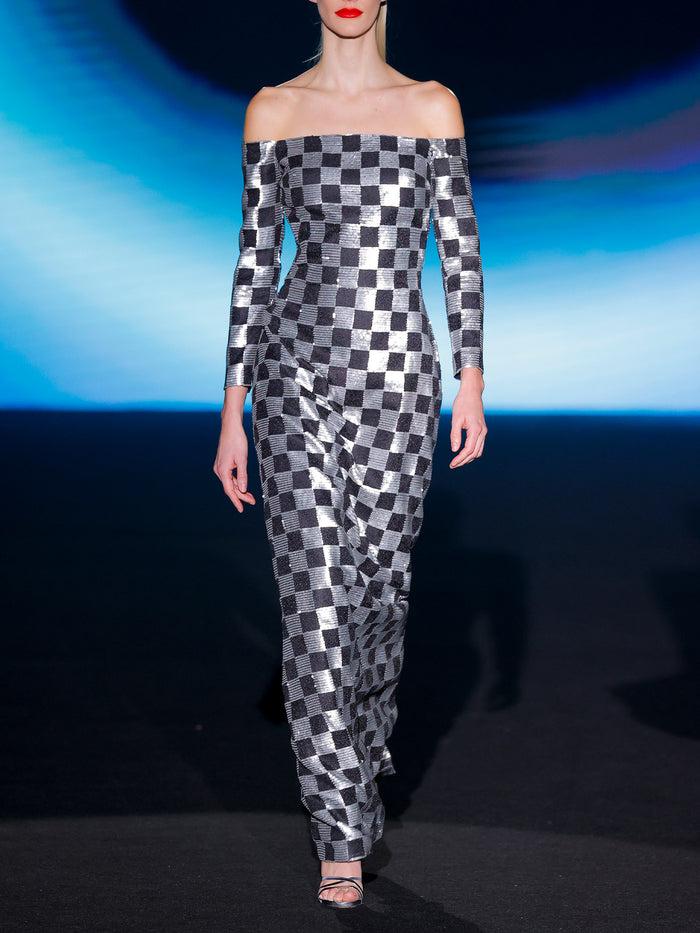 Hannibal laguna LOOK 5 Vestido JAKAR | Vestido de fiesta realizado en damero plata y negro