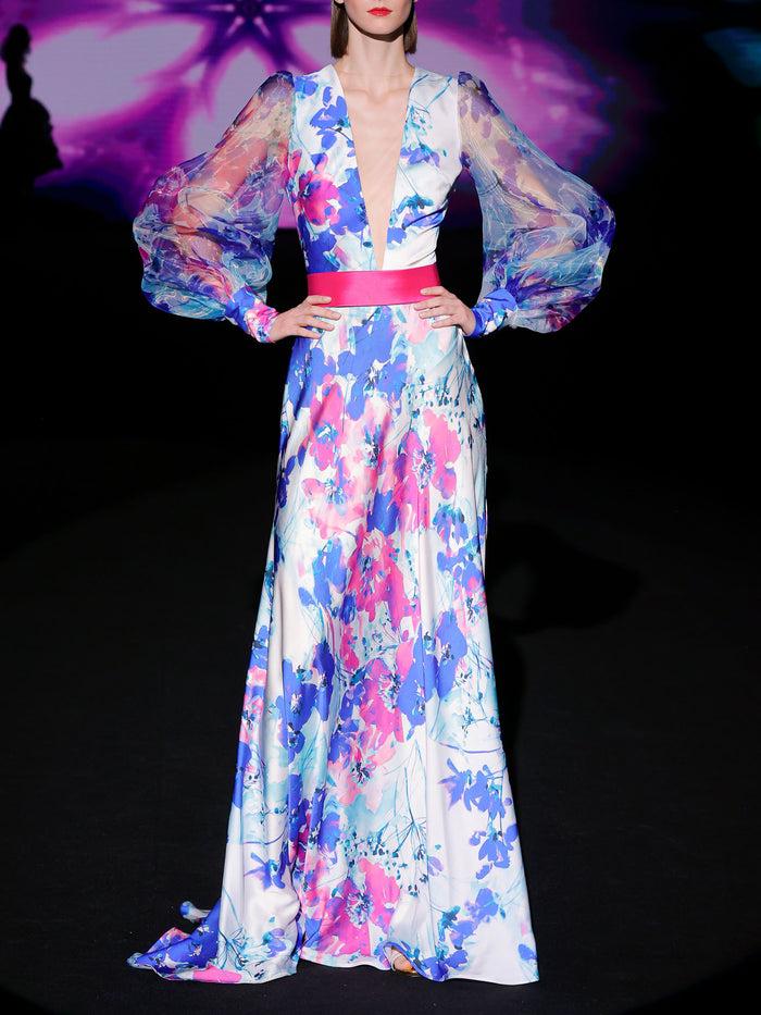 Hannibal Laguna LOOK 5 Vestido KLEO | Vestido De Fiesta En Satín Y Organza Estampados Con Escote En V Y Mangas XL Abullonada