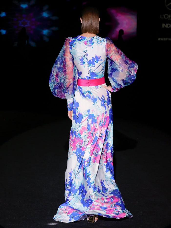 Hannibal Laguna LOOK 5 Vestido KLEO | Vestido De Fiesta En Satín Y Organza Estampados Con Escote En V Y Mangas XL Abullonada