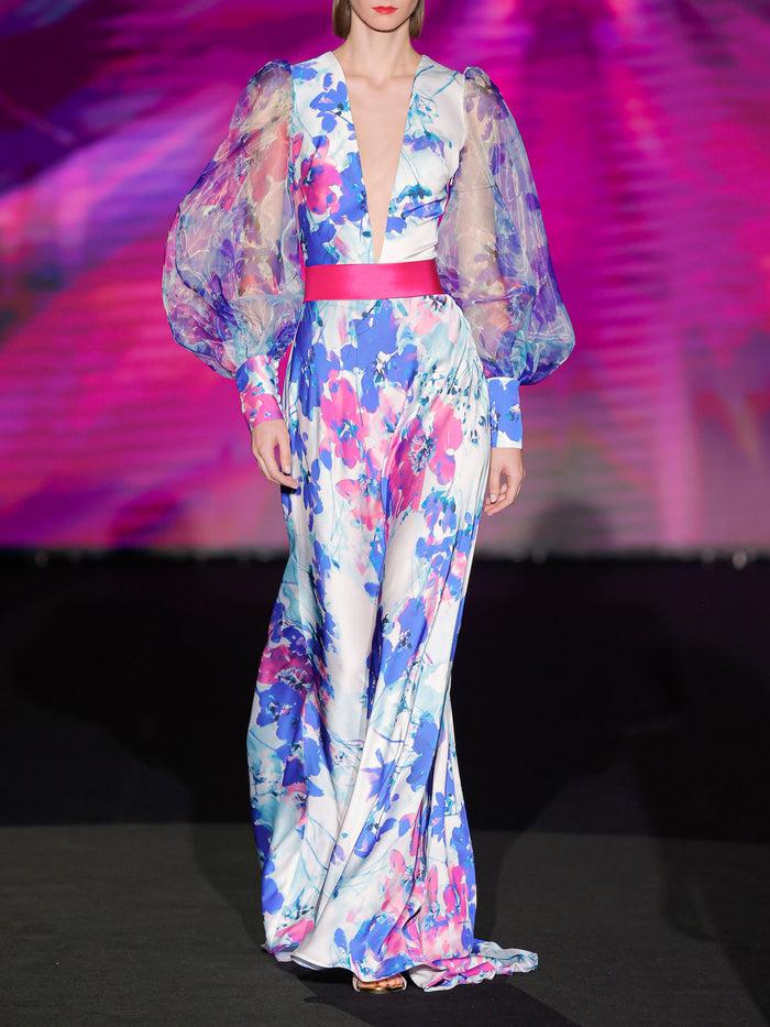 Hannibal laguna LOOK 5 Vestido KLEO | Vestido de fiesta en satín y organza estampados con escote en V y mangas XL abullonada