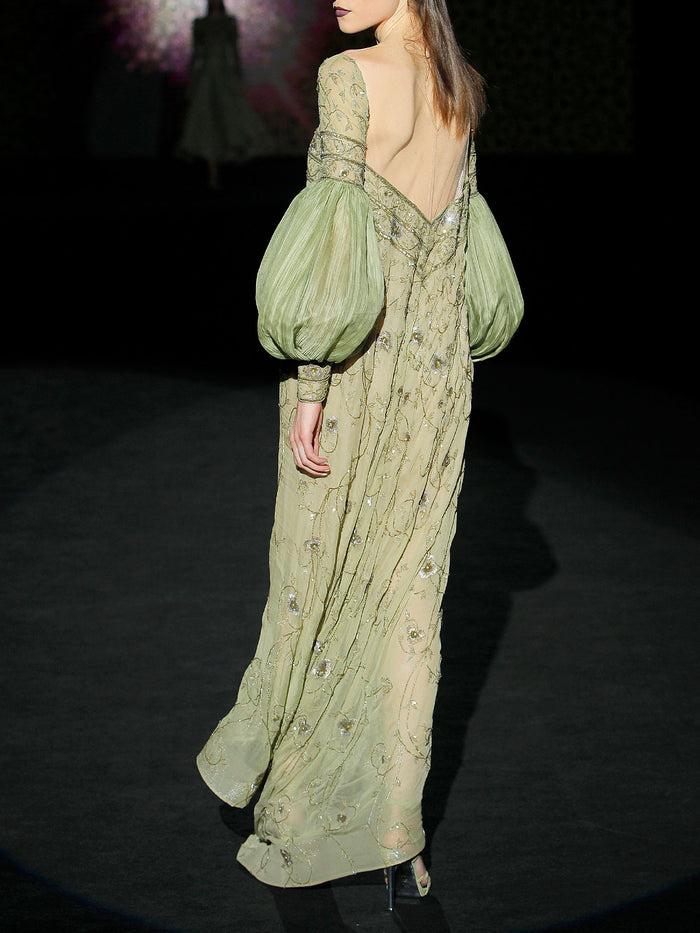 Hannibal Laguna LOOK 6 HALBORA | Vestido En Gasa Bordada Color Verde Olivo