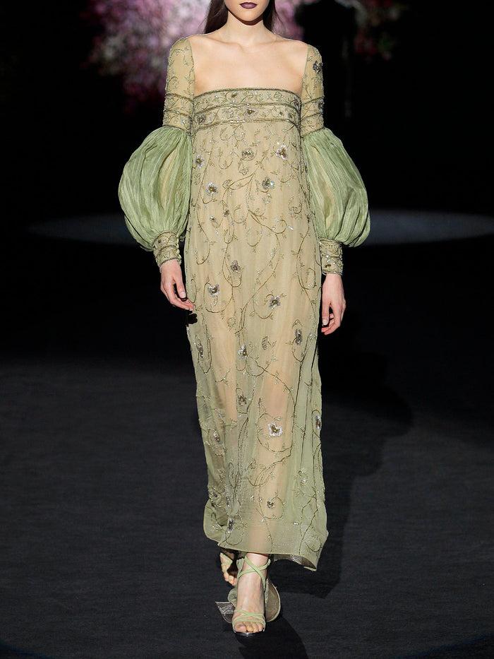 Hannibal laguna LOOK 6 HALBORA | Vestido en gasa bordada color verde olivo