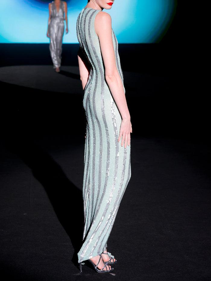 Hannibal Laguna LOOK 6 Vestido JELDEN | Vestido De Fiesta Realizado En Paillete Metalizado Plata Y Verde Agua