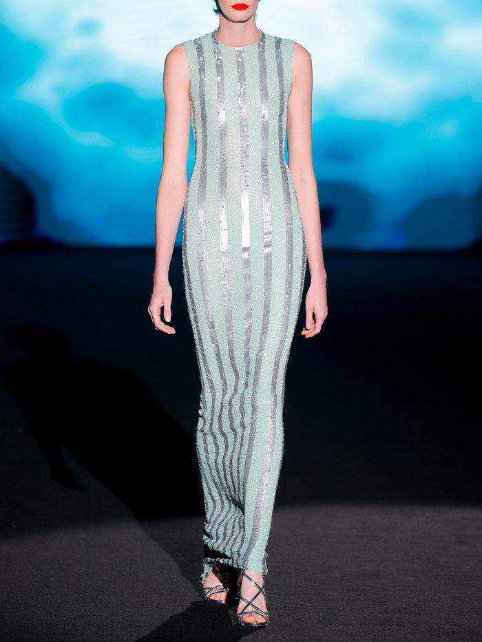 Hannibal laguna LOOK 6 Vestido JELDEN | Vestido de fiesta realizado en paillete metalizado plata y verde agua
