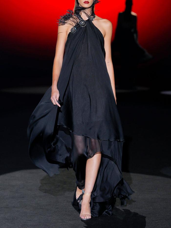 Hannibal laguna Look 6 XELDON | Vestido asimétrico de fiesta en gasa color negro