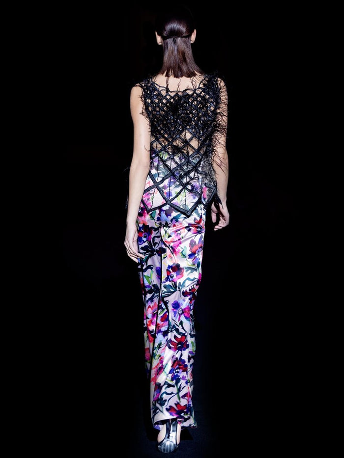 Hannibal Laguna Look 7 CAPRIOLA Y CHER | Blusa Tul Bordado Y Plumas Y Pantalón En Satin Estampado