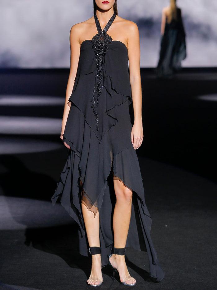 Hannibal Laguna Look 7 XUPITER | Vestido Asimétrico De Fiesta En Gasa Color Negro