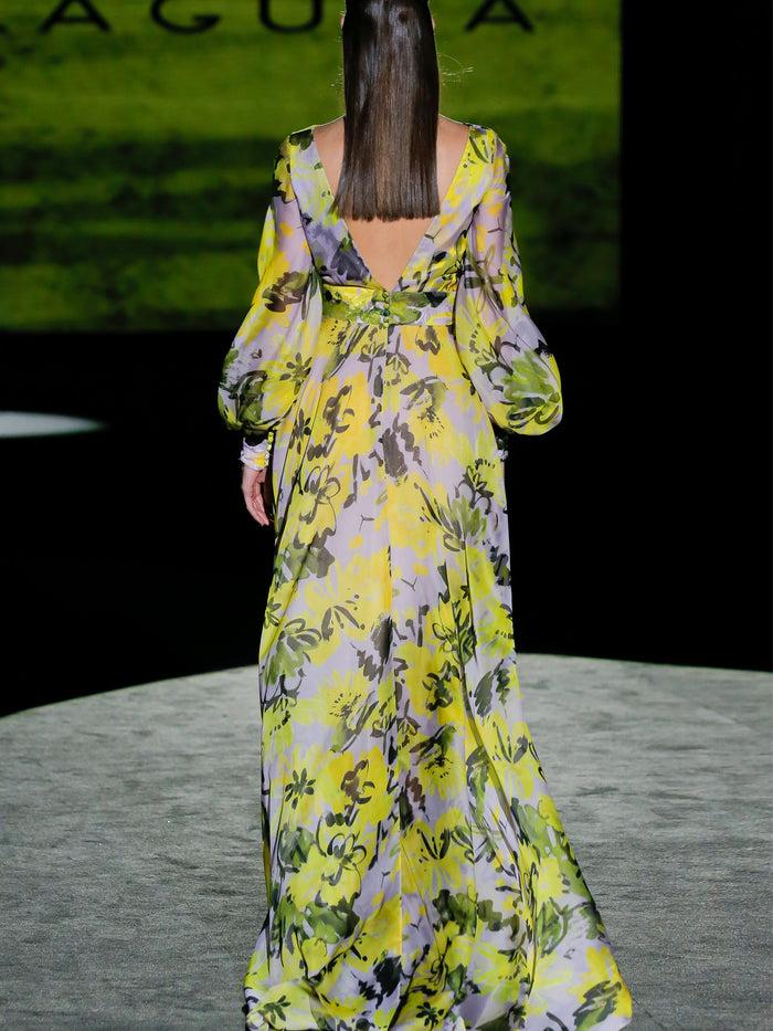 Hannibal Laguna LOOK 8 FIORELI | Vestido Satín Estampado Escote En Pico Y Falda De Capa