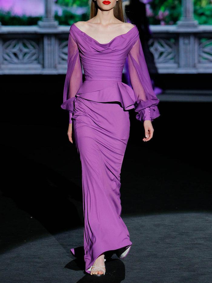 Hannibal laguna LOOK 8 GOLET | Vestido de fiesta en satín lavanda con falda sirena