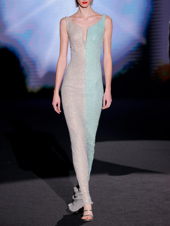 Hannibal laguna LOOK 8 Vestido JANELI | Vestido de fiesta realizado en canutillos gris y verde agua