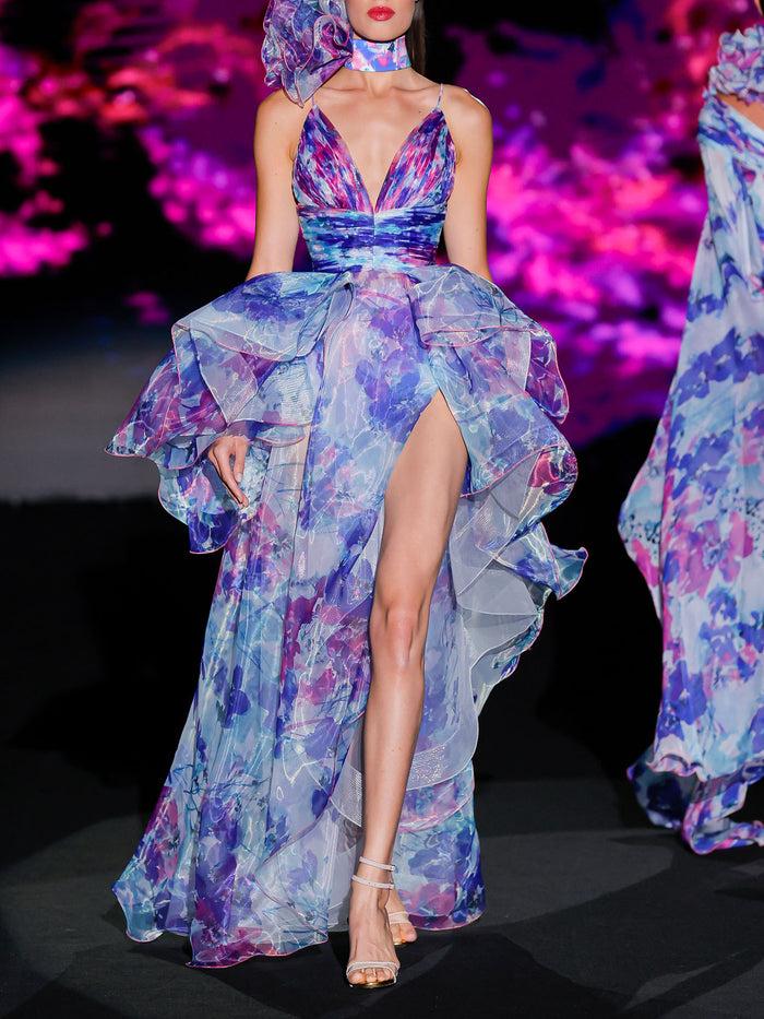 Hannibal laguna LOOK 8 Vestido KALIA | Vestido largo en organza estampada con escote en V y tirantes delicados