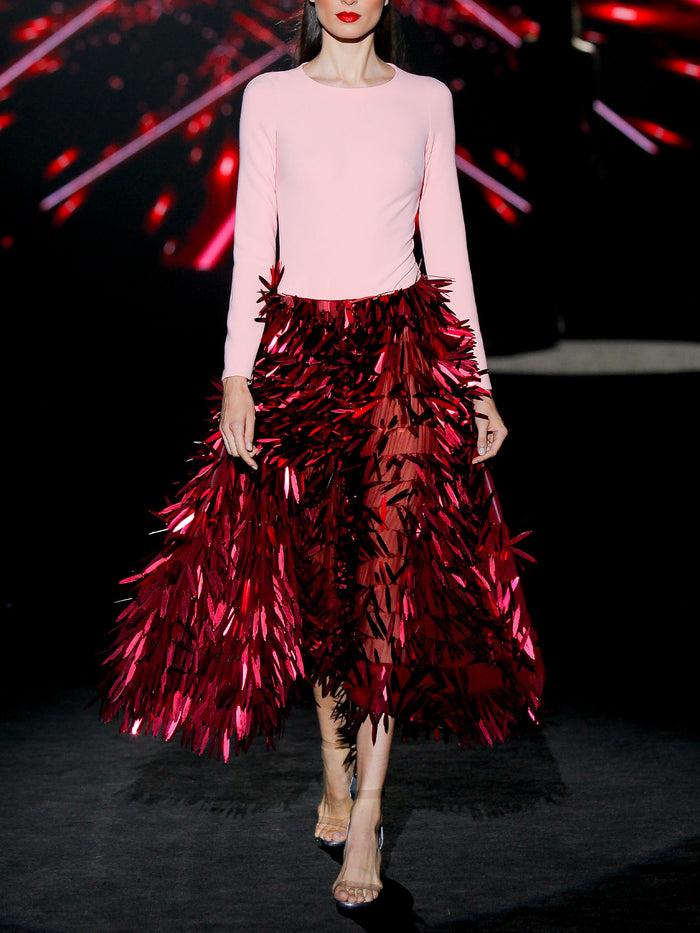 Hannibal laguna LOOK 9 ISLAY Y ITAKAE | Body crepe nude. Falda en láminas de acetato