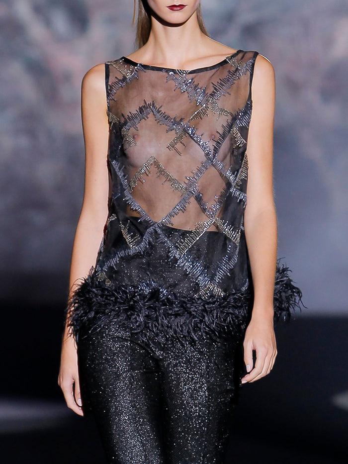 Hannibal Laguna Look 9 XOANA Y XOE Blusa En Organza Bordada Y Pantalon Pitillo