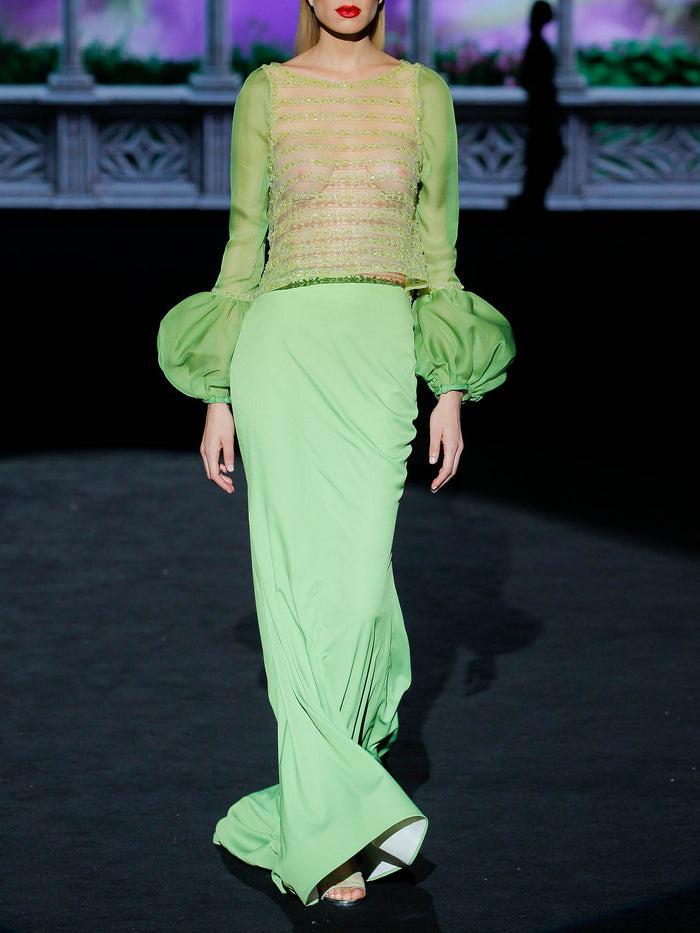 Hannibal laguna LOOK11 GIO Y GERY | Blusa en tul bordado y falda en satín