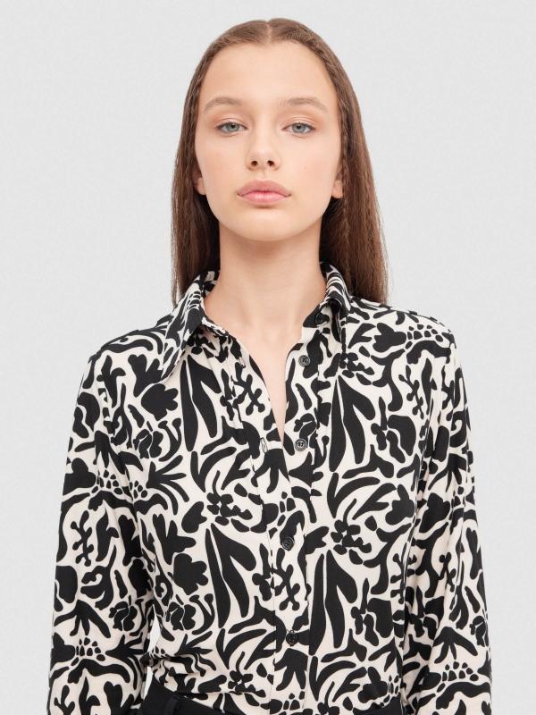 In Side Camisa Manga Larga Slim Estampada Blanco Y Negro