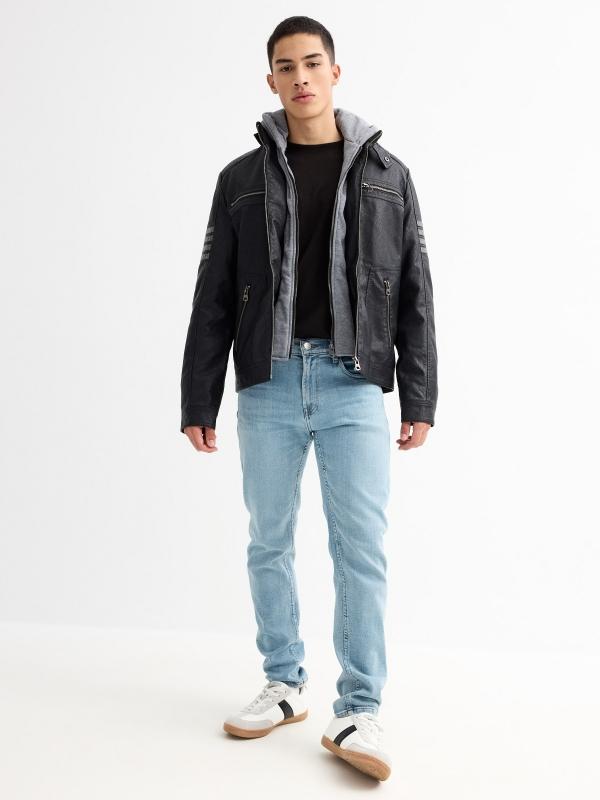 In Side Cazadora Biker Efecto Piel Multibolsillos Negra