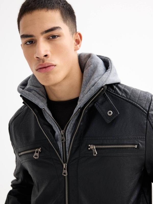 In Side Cazadora Biker Efecto Piel Multibolsillos Negra