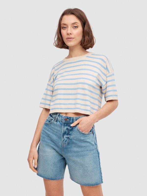 In side Bermuda denim tiro alto