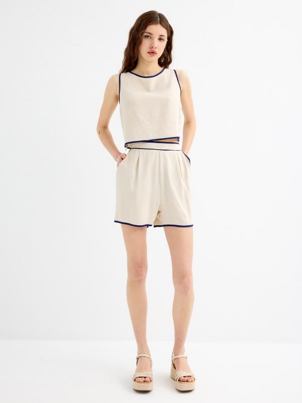 In Side Blusa Crop Sin Mangas Contraste Lino