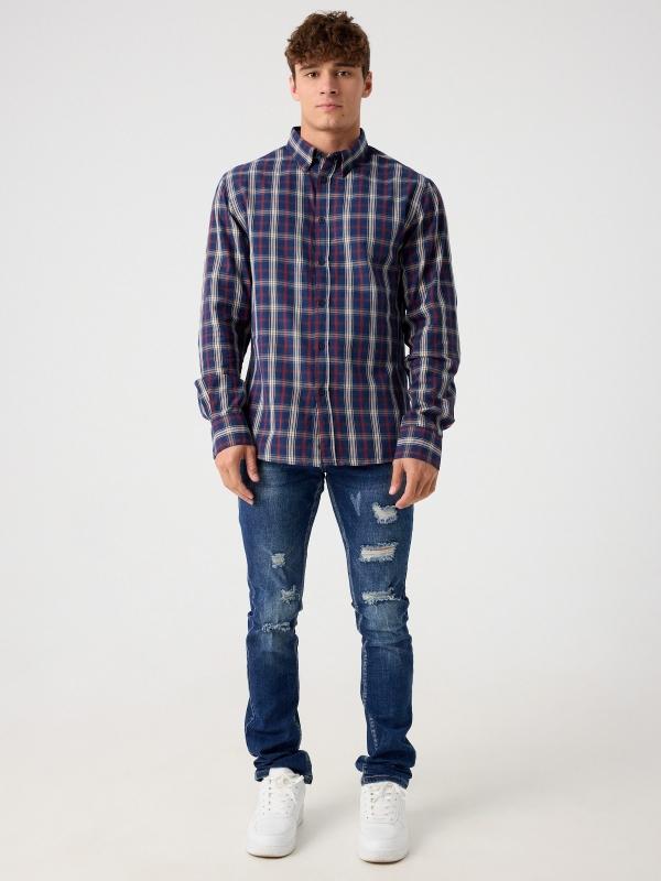 In Side Camisa Azul Estampado Cuadros