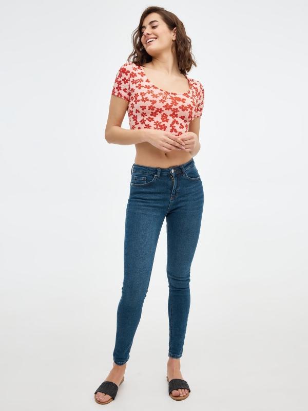 In Side Camiseta Crop Print Flores