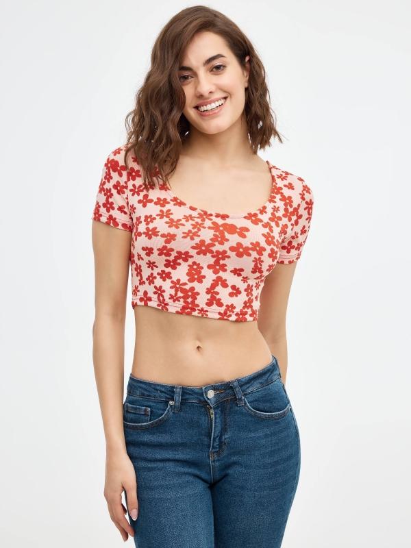In side Camiseta Crop Print flores