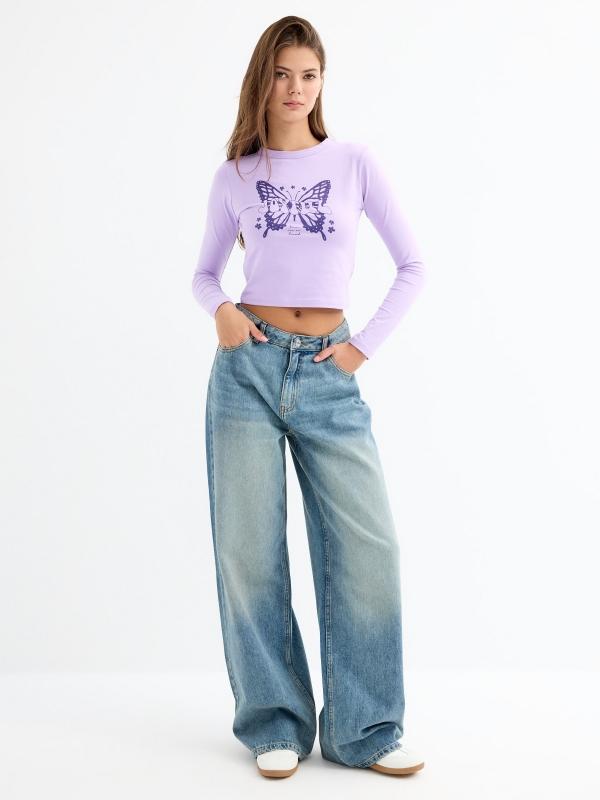 In Side Camiseta Crop Print Morada