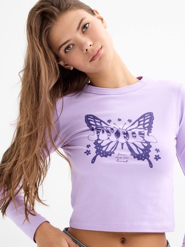 In Side Camiseta Crop Print Morada