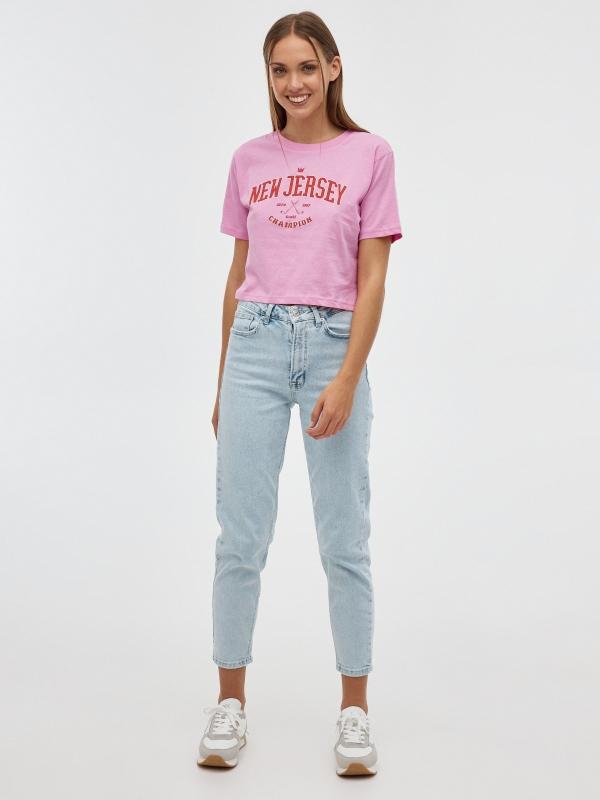 In Side Camiseta Crop Rosa Gráfico