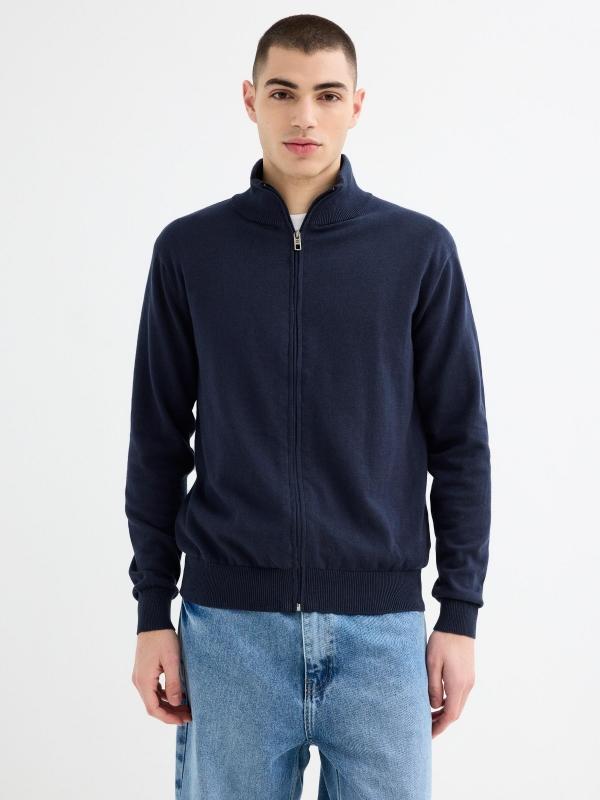 In Side Cardigan Cuello Alto Cremallera Azul