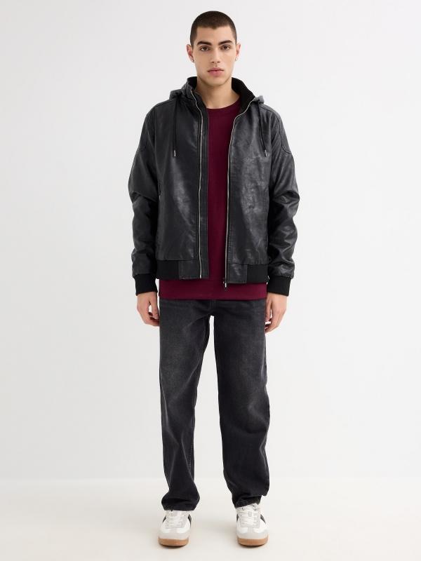 In Side Cazadora Bomber Efecto Piel Con Capucha