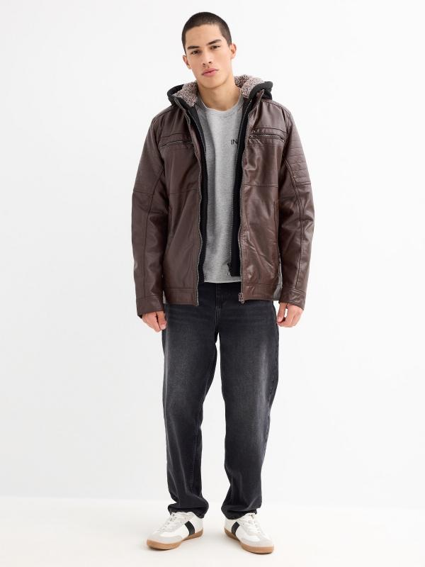 In Side Cazadora Efecto Piel Capucha Borreguillo