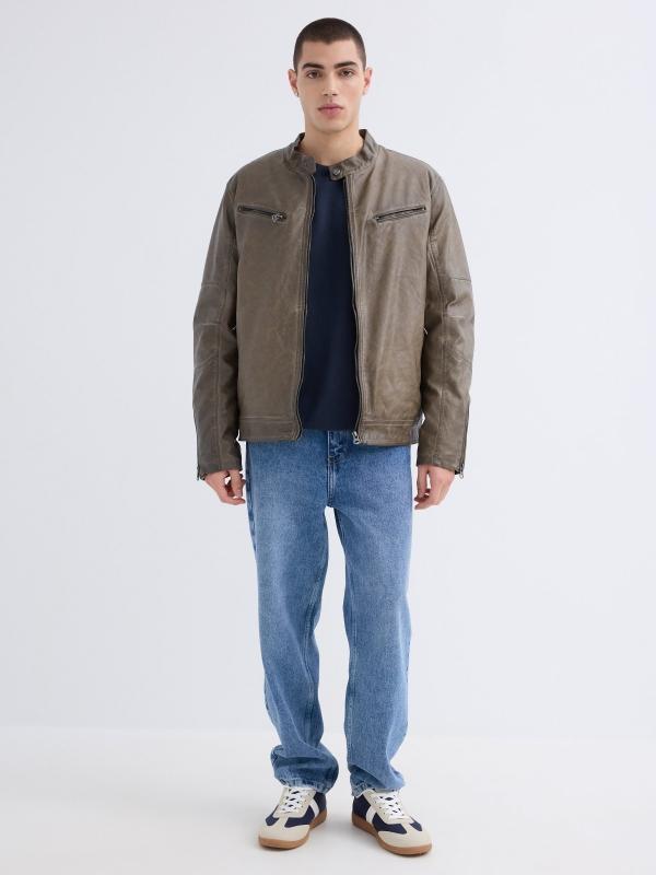 In Side Cazadora Efecto Piel Cremalleras