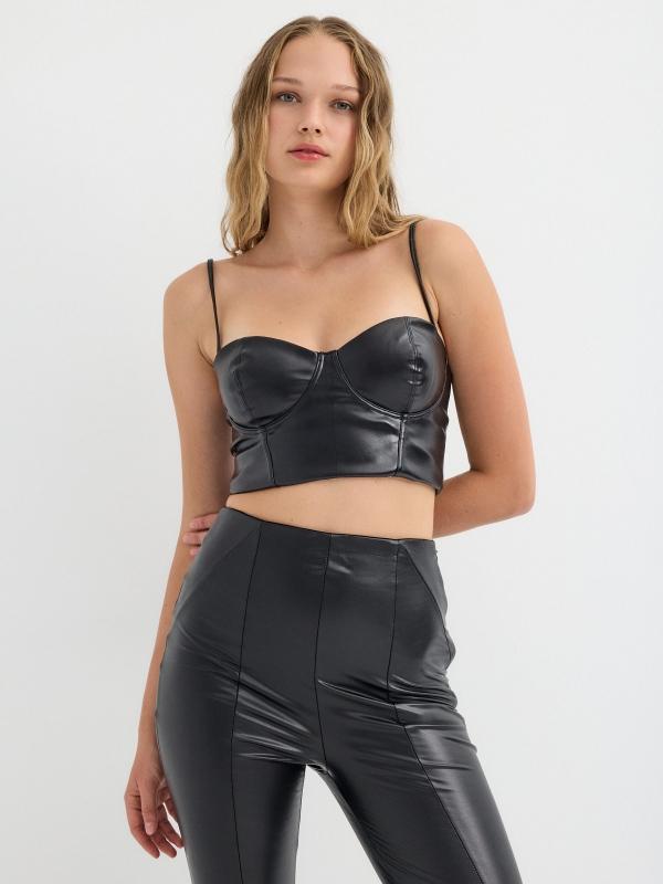 In side Crop top corsé polipiel negro