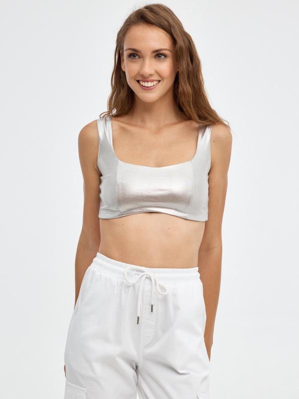 In side Crop top de costuras plateado