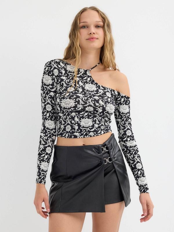 In side Falda mini negra efecto piel arandelas