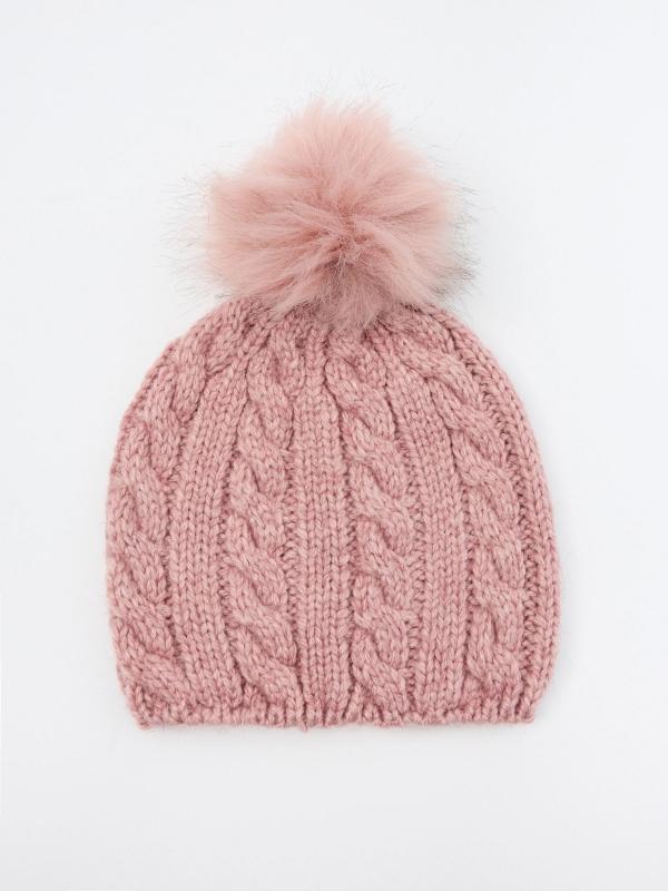 In side Gorro rosa diseño trenzado con pompón