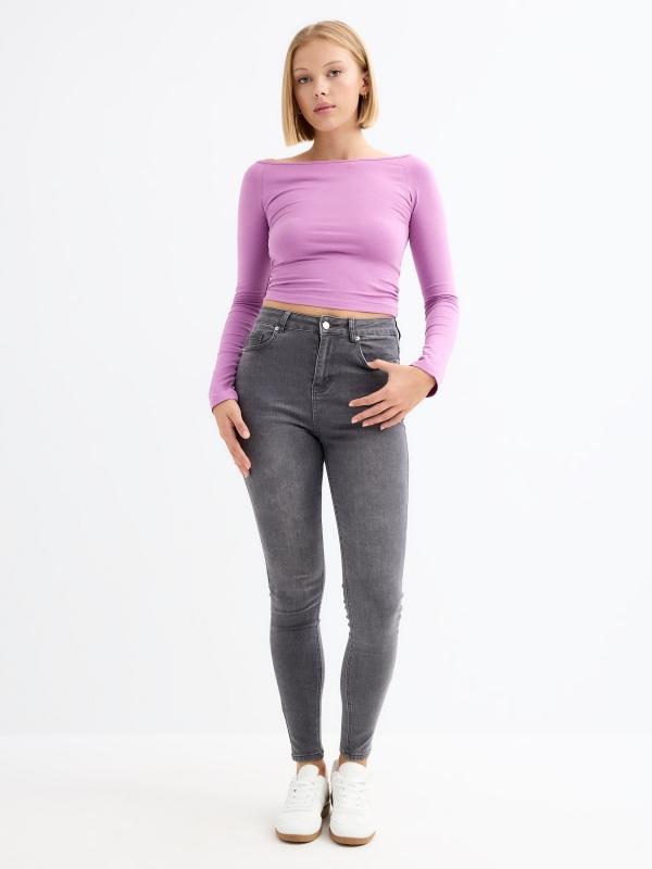 In side Jeans tiro medio gris desgastados