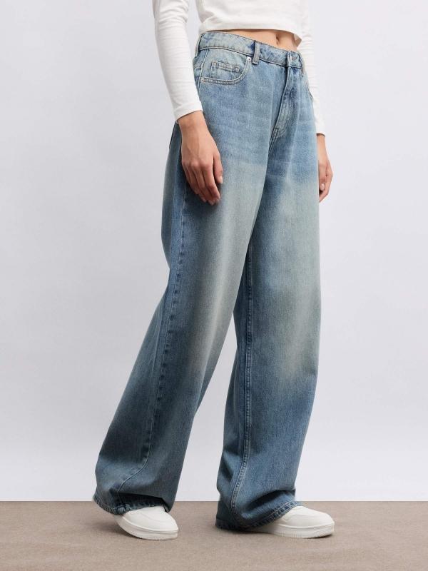 In Side Jeans Wide Leg Tiro Alto Azul Lavado
