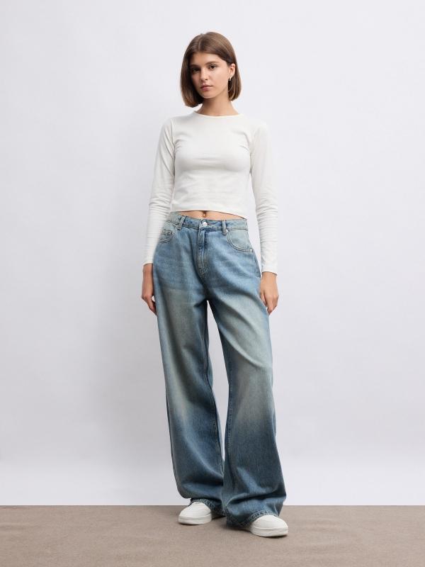 In side Jeans wide leg tiro alto azul lavado