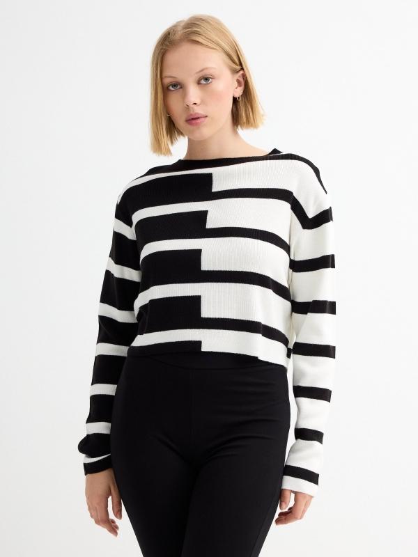 In side Jersey crop punto rayas blanco y negro